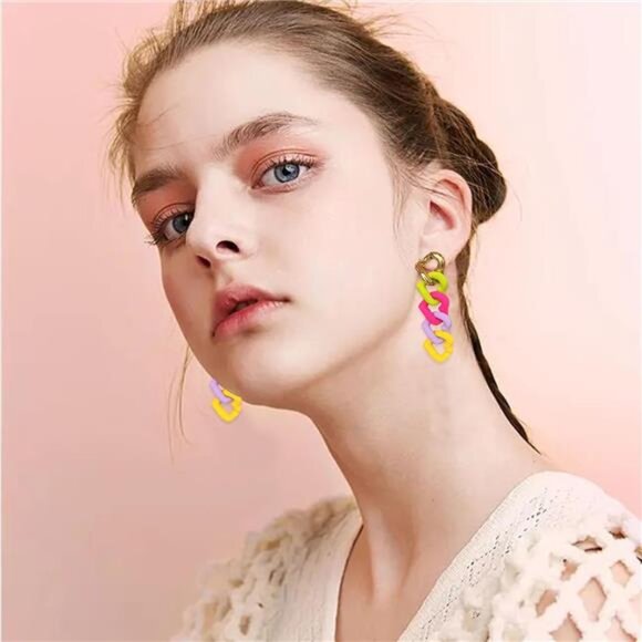 Funky Heart Rainbow Earrings | Extra Long Link Chain Dangle, Colorful Geometric - Picture 3 of 5